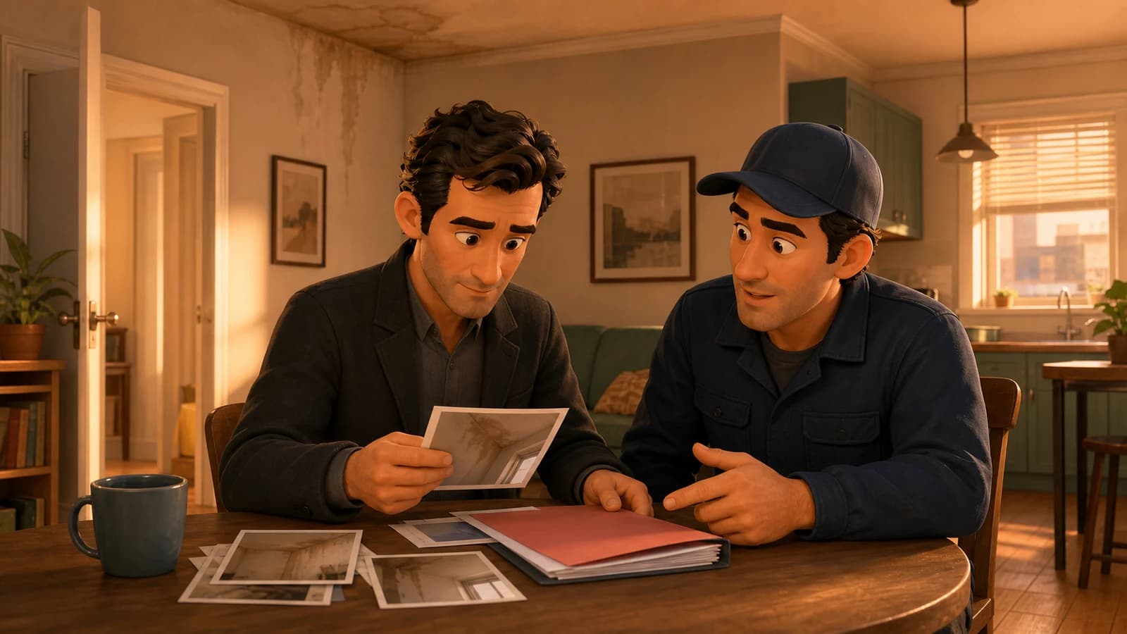 Illustration comics du cas d’usage Locataire, propriétaire, artisan et assureur alignés