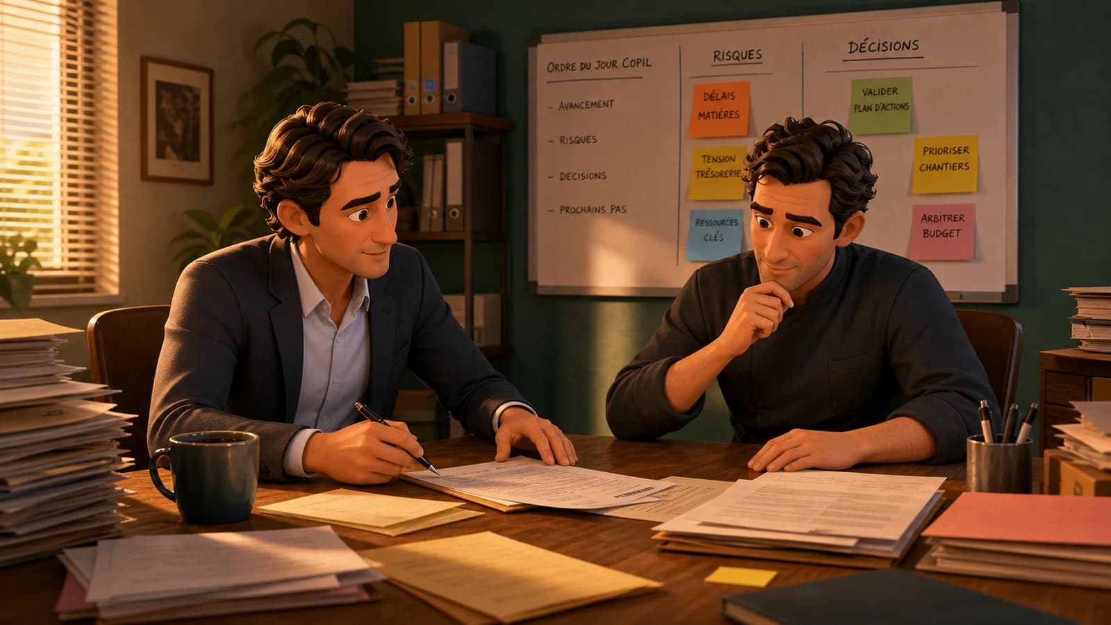 Illustration comics du cas d’usage Arriver avec décisions, risques et documents prêts
