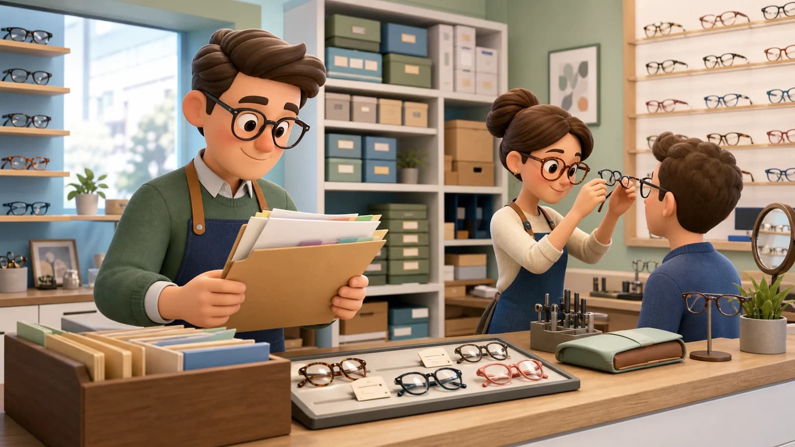 Comic illustration for the Track glasses orders, support and customer reminders use case